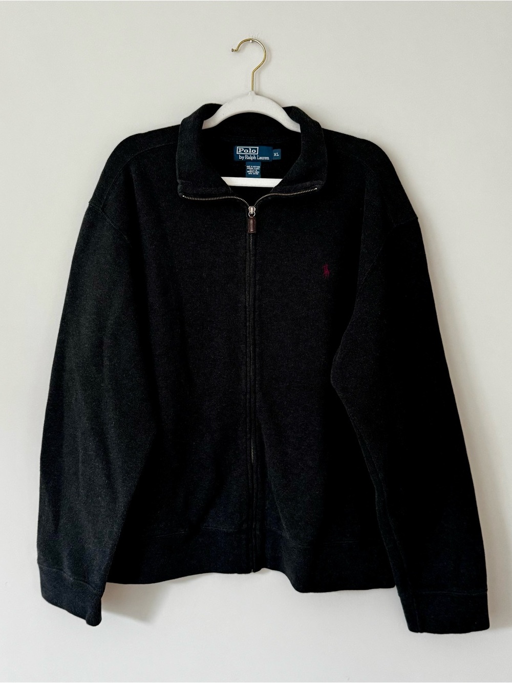 Polo Ralph Lauren 100% Cotton Full Zip Collared Sweater, Charcoal Grey – Size XL